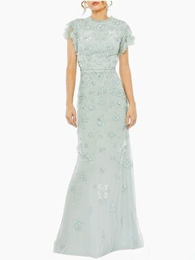 Mac Duggal Floral Embellished High Neck Flutter Sleeve Gown